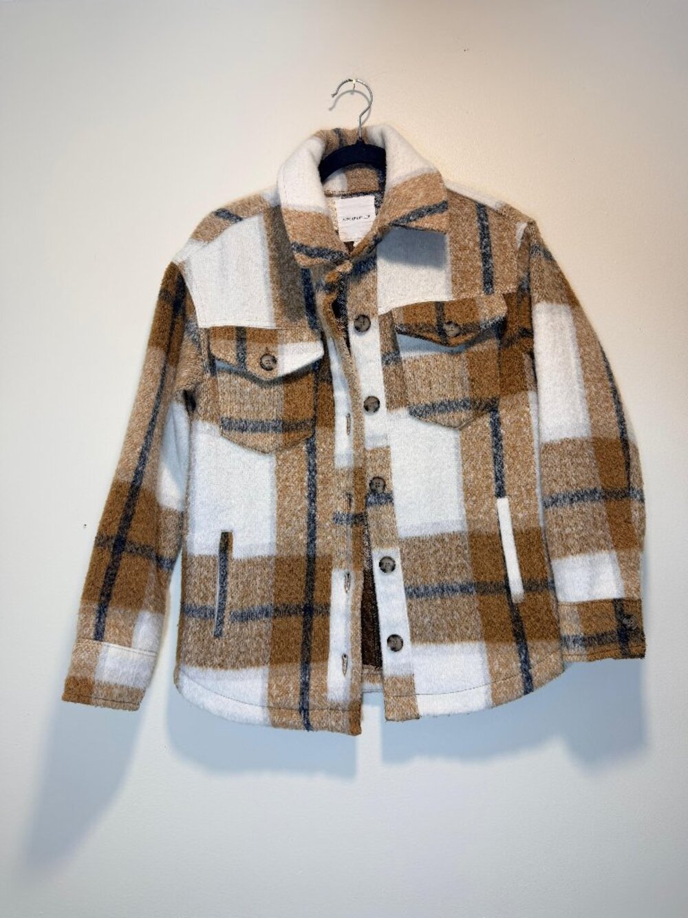XS Avec Les Filles Camel Plaid Wool Shacket Shirt Jacket